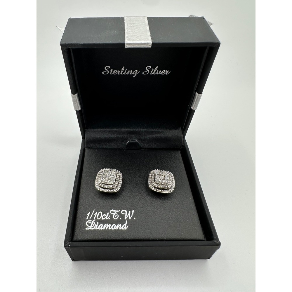 Sterling Silver 1/10ct TW Diamond Double Halo Square Stud Earrings 925 UD India